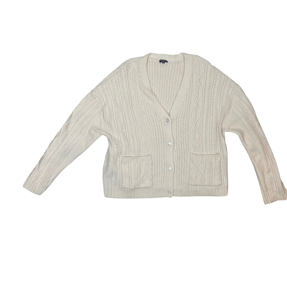 Rails Bixby Ivory Cable Knit Cardigan XL Wool Cashmere Rhinestone Button Luxe